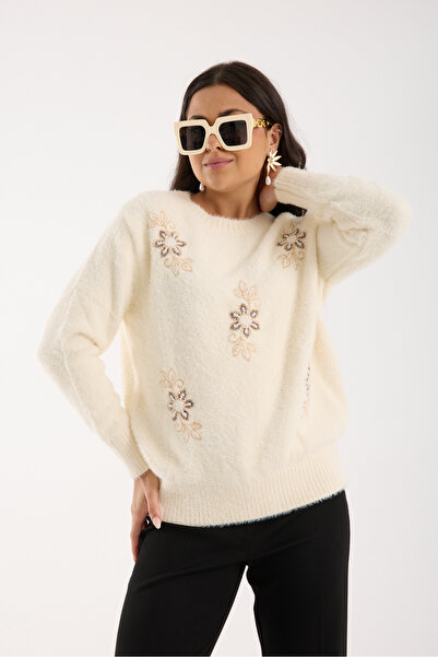 Moda Days Women's Ecru Beard Yarn Beaded Embroidered Crew Neck Knitwear Sweater
