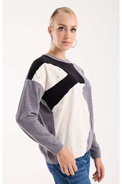 Coşkun GİYİM Women's Chenille Velvet Two-Tone Stone Detailed Crew Neck Sweater Gray 9018