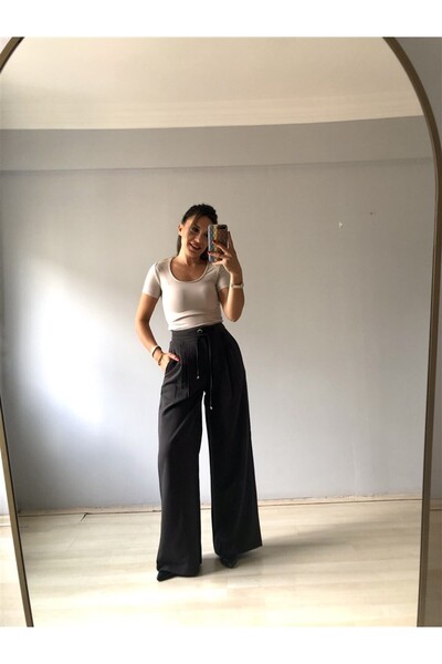 Gözde Tasarım Butik Women's Dark Brown High Waist Loose Wide-Leg Premium Palazzo Polyviscose Fabric Pants