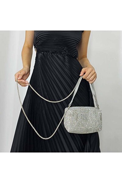 FashionForYou Geanta plic, Sparkle cu strasuri din pietre semipretioase, Argi...