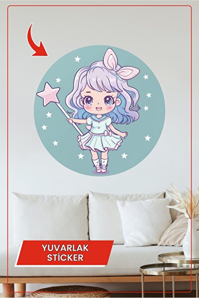 KOSS Dijital Fată drăguță care ține o baghetă magică personaj autocolante rotunde tematice Decor de perete pentru biroul de acasă