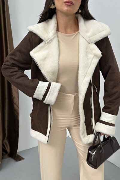 spirituel Women's Suede Coat Oversized Fur Lined Zippered Pocket Sleeve Detail Jacket Collar Winter Coat