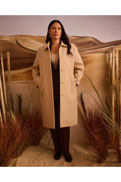 Gala-Xi Büyük Beden Düğmeli Uzun Kaşe Kaban