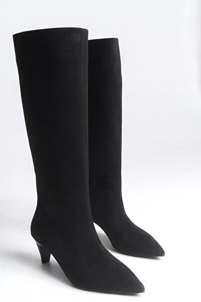 LDR Жіночі чорні замшеві чобітки на підборах із загостреним носком