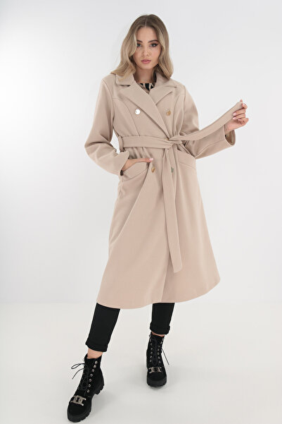 Trend Land Cream fabric coat with gold buttons and drawstring at the waist