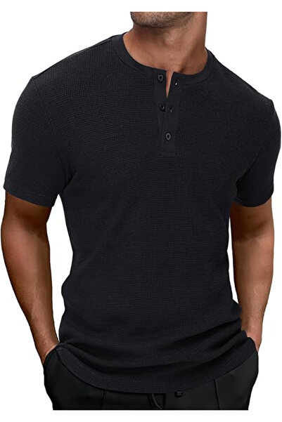 HMIYA Men's T-Shirt with Henley Shirt Collar Made of Waffle Pique