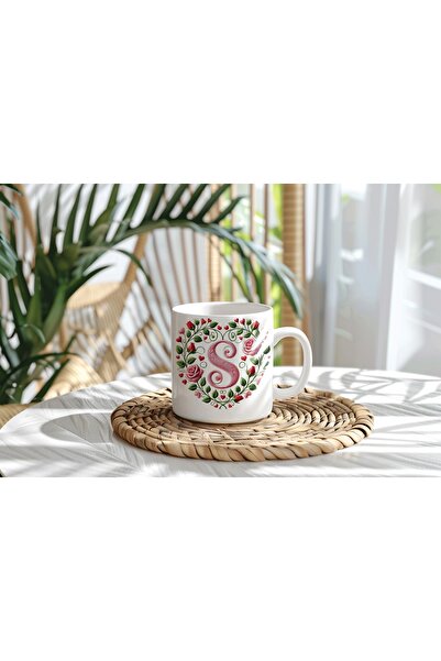 Beramussa S Harfi Pembe Nakışlı Kupa – Kalpli Çiçek Desenli Zarif Çay Kahve K...