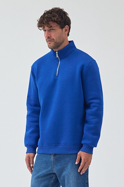 SEDİRLİ Unisex Oversize Pamuklu Içi Polarlı Yarım Fermuarlı Dik Yaka Sweatshirt