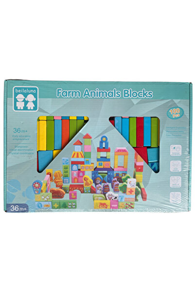 Beilaluna Multicolored wooden building blocks, 100 pieces, Farm Animals Blocks,