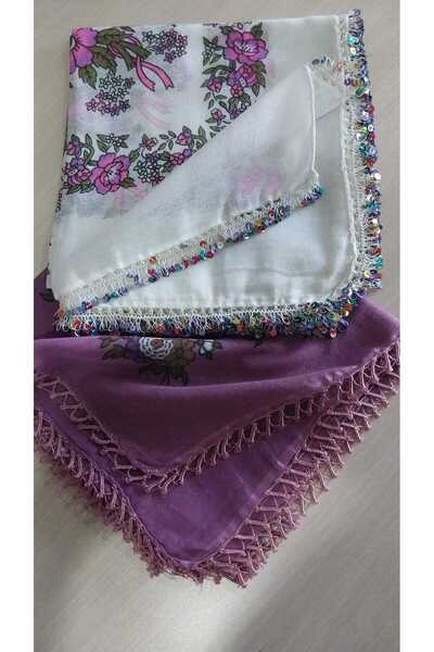 Papatyam 2 Adet El İşi Firkete İşi Pullu Yazma/3,5 Kenar Oyalı/El İşi Çeyizlik Tülbent/80x80/Pamuklu