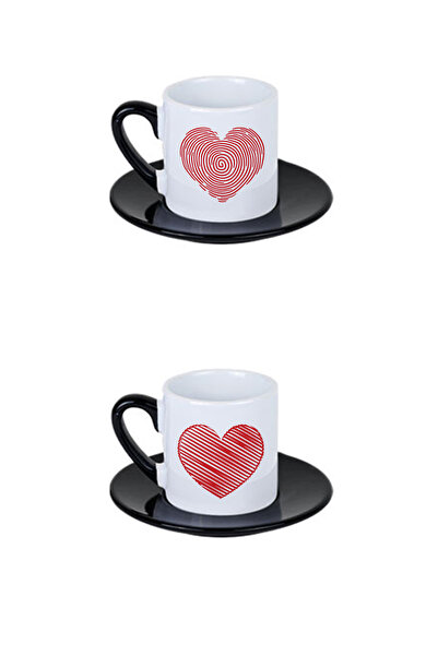 giftkonsept Heart Shapes Printed 4-Piece Black Handle Porcelain Turkish Coffee Cup Set