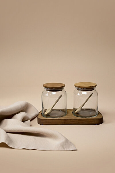 KHAKMA Transparent Glass Salt and Pepper Jar Set with Wooden Lid – Set of 2 with Wooden Stand / 250 ml