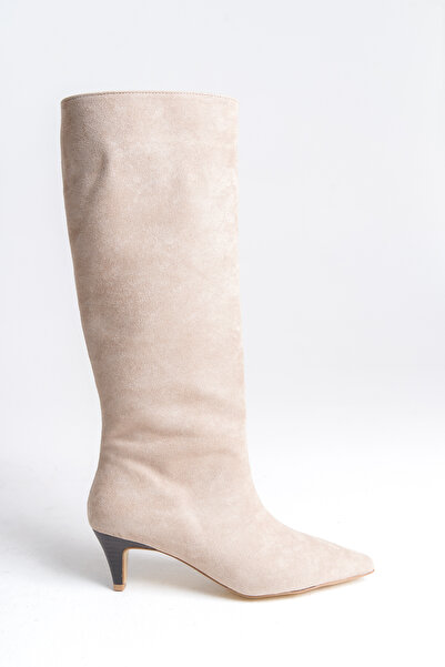 LDR Жіночі бежеві замшеві чобітки на підборах із загостреним носком