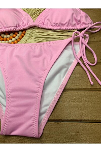 VAJESTO Kadın Toz Pembe Likralı Yandan Boyundan Bağlamalı Şık İpli Üçgen Bikini Takım