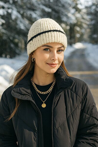 FELLMENS Ecru Stripe Detailed Women's Beret