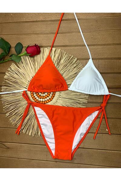 VAJESTO Women's Orange White Lycra Side Halter Neck Stylish Drawstring Triangle Bikini Set