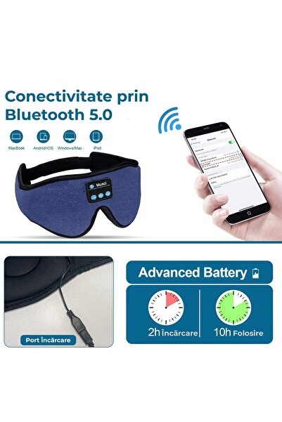 PadForce Mască de somn cu căști wireless, microfon, Bluetooth 5.0, pentru somn, călătorii, reglabilă - Albastră