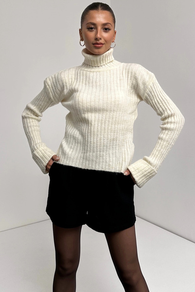 MODA Stripe Patterned Textured Turtleneck Knitwear Sweater