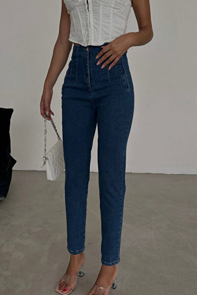 FashionForYou YoKo women's jeans, slim fit with high waist and decorative pockets, Blue