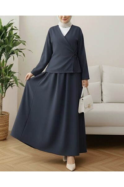 Modamorfo Linen Suit with Lace-Up Front Skirt - Navy