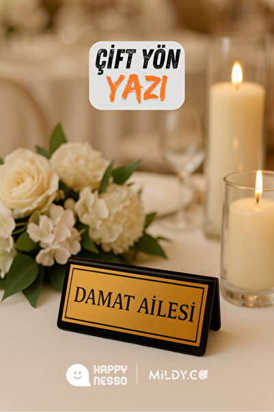 Happynesso كتابة معدنية ذهبية على سطح من البليكسي الأسود بتصميم ثنائي الاتجاه من سلسلة ماسا يازتي - عائلة العريس - 100 مم × 50 مم