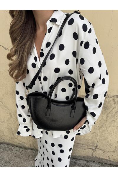 Tina İstanbul Oval Kesim Fermuar Kapamalı El ve Omuz Çantası Siyah