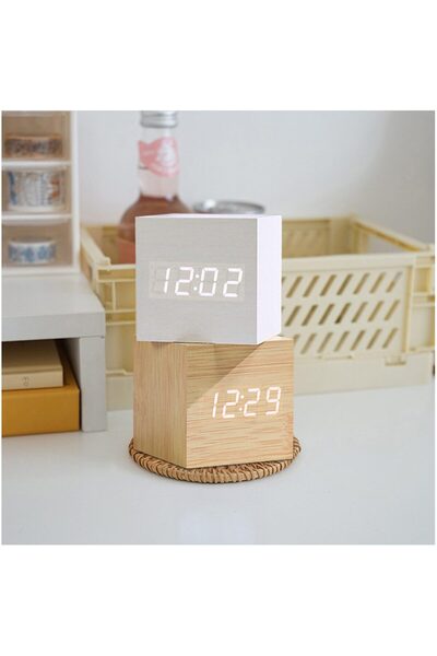 PadForce Digital Wooden Desk Clock, Minimalist Design, LED Display, Alarm Function, for Nightstand – White