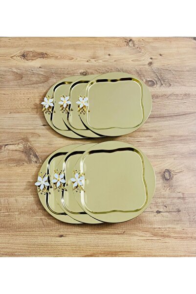 Maglor Luxury 6-Piece Round Gold 23X23 Gold Color Coffee Tray with Daisy Accessories, Presentation Tray
