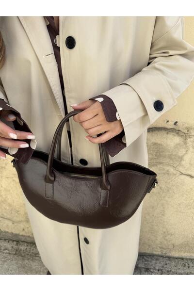 Tina İstanbul Oval Kesim Fermuar Kapamalı El ve Omuz Çantası Acı Kahve