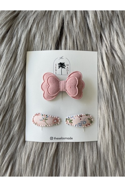 SEBSMADE Pink Flower Ekose Mini Bebek Klips Toka Set