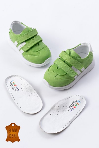 lina step Green Genuine Leather Orthopedic Velcro Unisex First Step Baby Sneakers