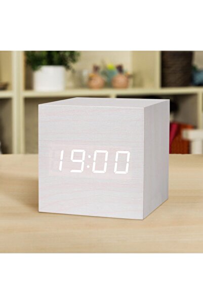 PadForce Digital Wooden Desk Clock, Minimalist Design, LED Display, Alarm Function, for Nightstand – White