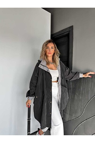 QİMYA BUTİK معطف ترنش نسائي كبير الحجم من روبن بأكمام راجلان وفتحات جانبية وق...