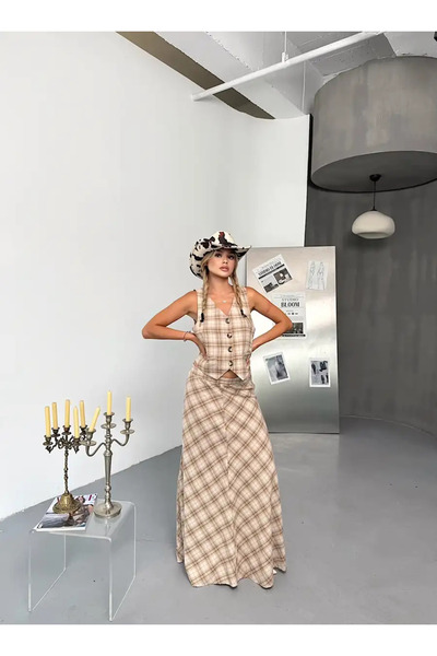 By ÖTE Premium Plaid Skirt Vest Suit