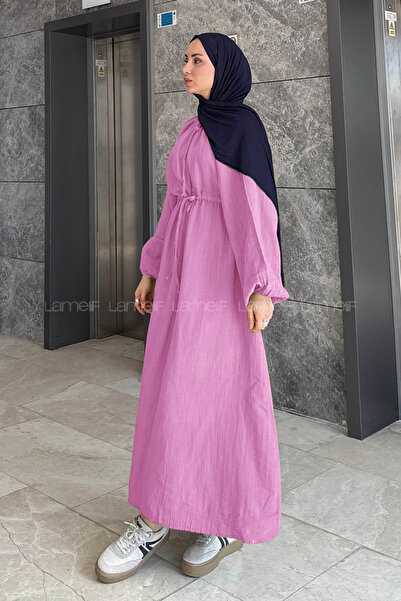 lamelif Balloon Sleeve Tie-Up Hijab Dress Pink