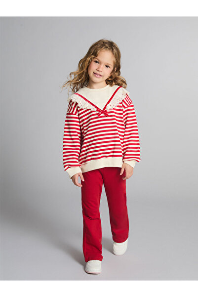 LC Waikiki Collar Detailed Striped Girls' Sweatshirt and Leggings