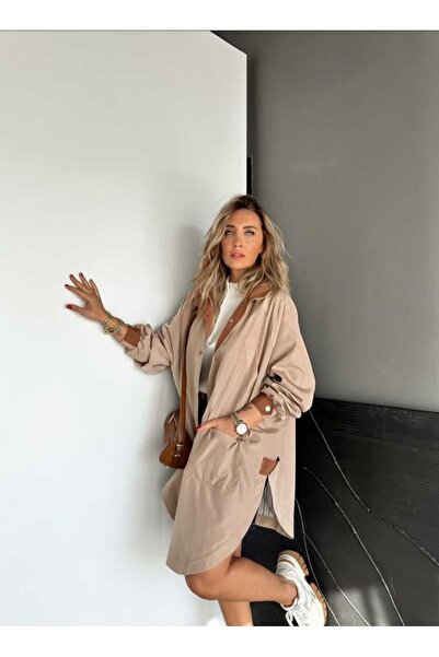 QİMYA BUTİK ROBİN Kadın Kapüşonlu Yanları Yırtmaçlı Reglan Kol Oversize TRENÇKOT