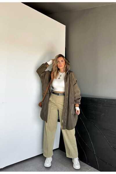 QİMYA BUTİK ROBİN Kadın Kapüşonlu Yanları Yırtmaçlı Reglan Kol Oversize TRENÇKOT