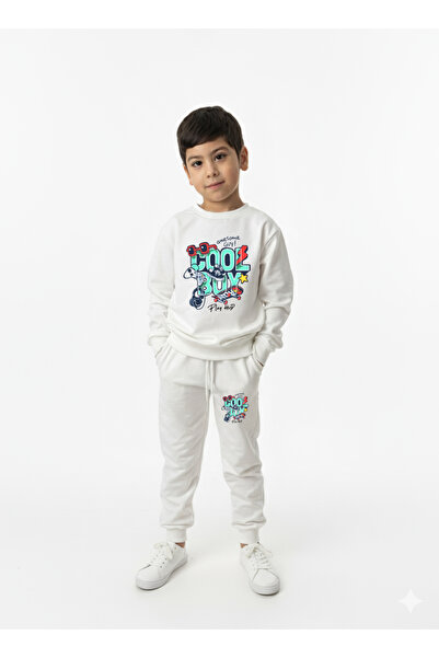 Let's Wear Cool Boy Printed Children's Hooded Premium Compact Sweatshirt Tracksuit Set with Pockets and Drawstrings