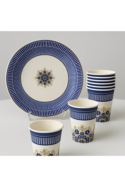 alenked 8 Kişilik Lacivert Motifli Tabak Bardak Set Kullanım At Karton Tabak