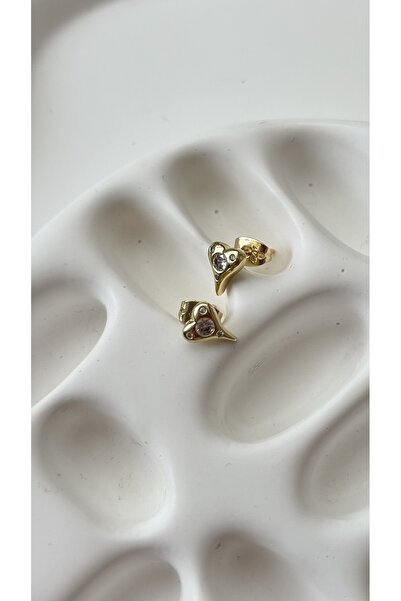 SteelbyBD Çelik Kararmaya Dayanıklı Minik Kalp Model Taşlı Gold Küpe