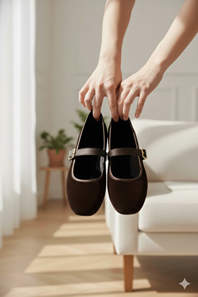 FootFrenzy Women's Buckled Mary Jane Velvet Gold Buckled Light Sole Stylish Daily Ballerinas