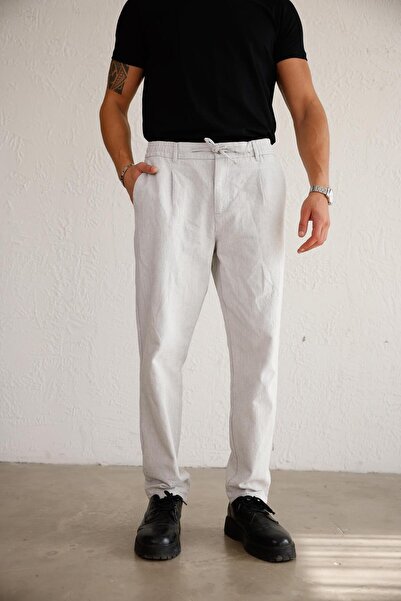 BRACCAS Men's Side Pocket Elastic Waist Linen Blend Relaxed Fit Gray