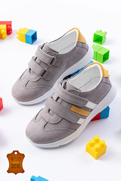 lina step Gri Hakiki Deri Ortopedik Cırtlı Erkek Çocuk Spor Ayakkabı