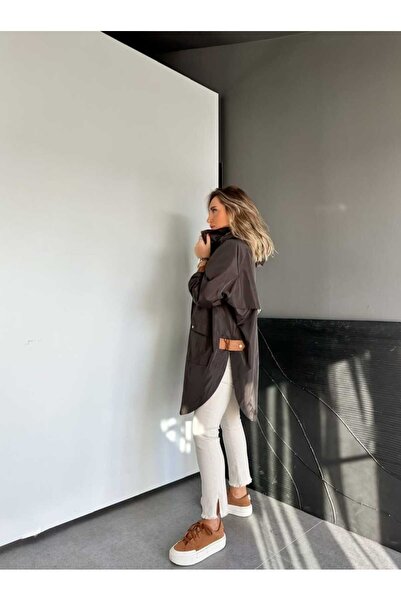 QİMYA BUTİK ROBİN Kadın Kapüşonlu Yanları Yırtmaçlı Reglan Kol Oversize TRENÇKOT
