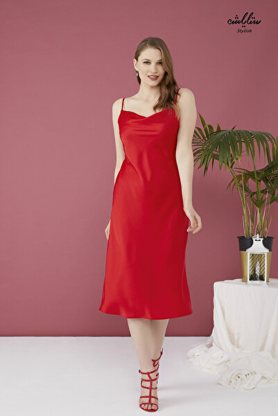Stylish فستان ميدي ناعم عاري باللون الأحمر