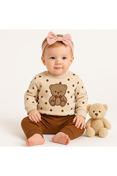 AKİ MODA KİDS طقم ملابس للفتيات الصغيرات مع شكل دب منقط