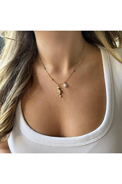 Fern Jewelry Deniz Atı İnci Altın Renk Kolye