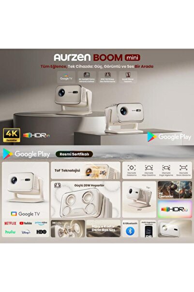 AURZEN Vankyo Boom Mini Android Google TV 4K Destekli Projeksiyon Cihazı +HDR10+ToF Auto Focus+ToF A