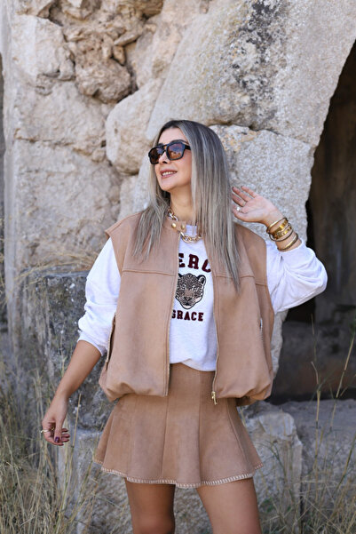 bytugcekaya Beige Zigzag Stitched Suede Skirt
